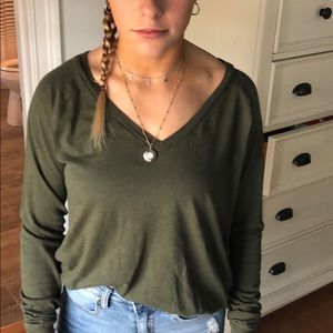 Pink Army Green V Neck Long Sleeve